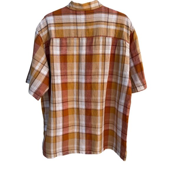 Arrow Mens Orange Plaid Linen Cotton Short Sleeve Button-Up Short Sleeve Shirt L - Picture 4 of 9